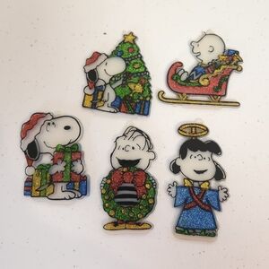 Vintage 1960s 1970s Peanuts Christmas Tree Ornament Lot Painted Plastic Lot of 7